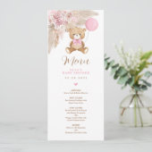 Dusty Pink Boho Teddy Bear Balloon Menu Card Einladung (Stehend Vorderseite)