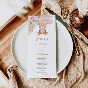 Dusty Pink Boho Teddy Bear Balloon Menu Card Einladung