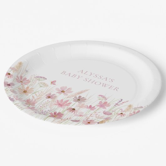 Dusty Pink Boho Wildblumen Babydusche Pappteller (Schrägansicht)