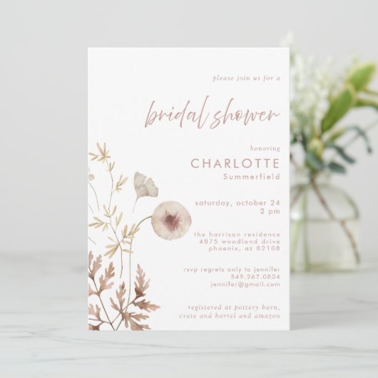 Dusty Pink Botanical Floral Brautparty Einladung (Stehend Vorderseite)