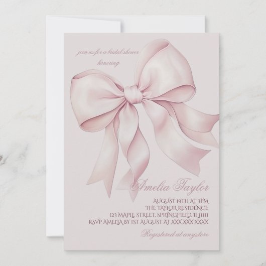 Dusty Pink Bow Brautparty Einladung (Vorderseite)