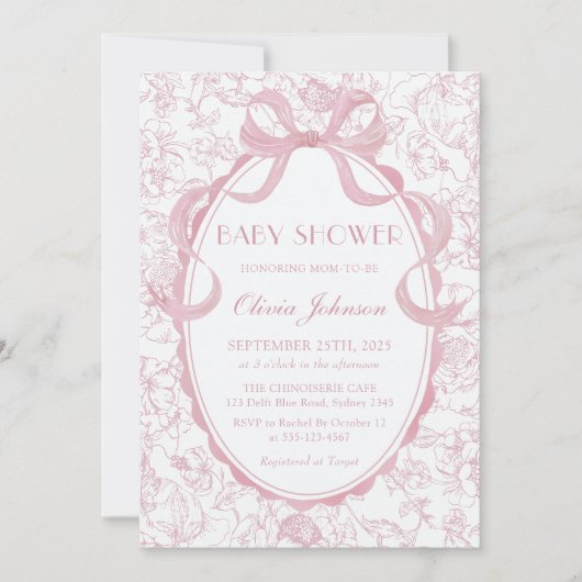 Dusty Pink Bow Chinoiserie Floral Baby Dusche Einladung (Vorderseite)