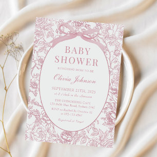 Dusty Pink Bow Chinoiserie Floral Baby Dusche Einladung