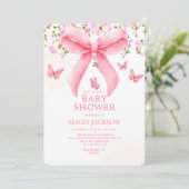 Dusty Pink Bow Floral Coquette Butterflies Baby Einladung (Stehend Vorderseite)
