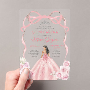 Dusty Pink Bow Prinzessin Silver Crown Quinceañera Acryleinladungen