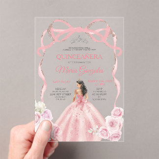 Dusty Pink Bow Prinzessin Silver Crown Quinceañera Acryleinladungen