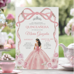Dusty Pink Bow Prinzessin Silver Crown Quinceañera Einladung
