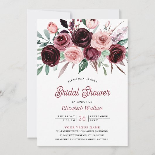 Dusty Pink Burgundy Floral Foto Brautparty Einladung (Vorderseite)