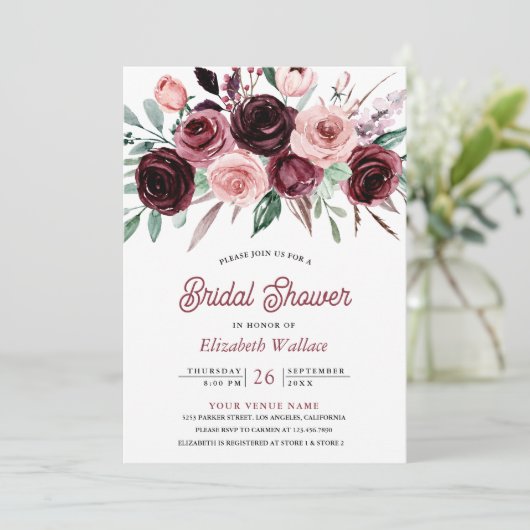 Dusty Pink Burgundy Floral Foto Brautparty Einladung (Stehend Vorderseite)