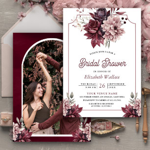 Dusty Pink Burgundy Floral Foto Brautparty Einladung