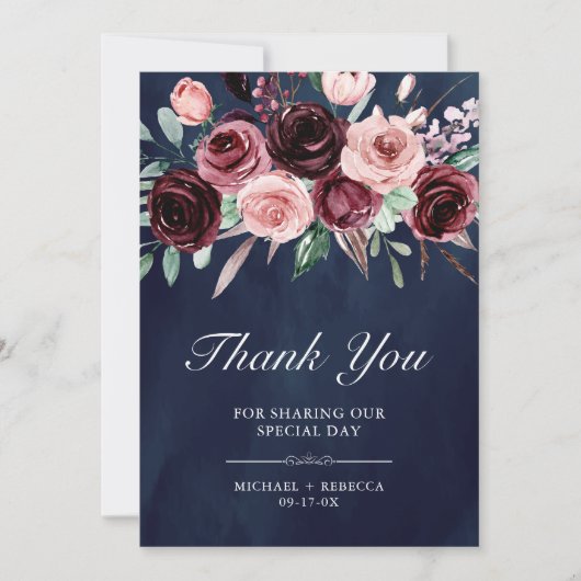 Dusty Pink Burgundy Floral Foto Hochzeit Dankeskarte (Vorderseite)