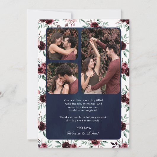 Dusty Pink Burgundy Floral Foto Hochzeit Dankeskarte (Rückseite)