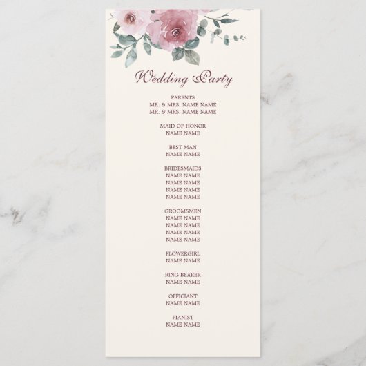 Dusty Pink Burgundy Floral Ivory Wedding Programm (Rückseite)