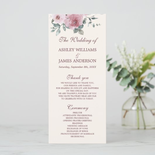 Dusty Pink Burgundy Floral Ivory Wedding Programm (Stehend Vorderseite)