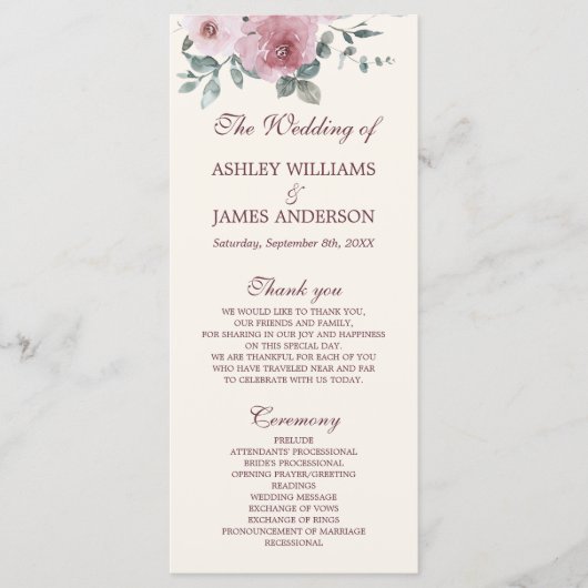 Dusty Pink Burgundy Floral Ivory Wedding Programm (Vorderseite)