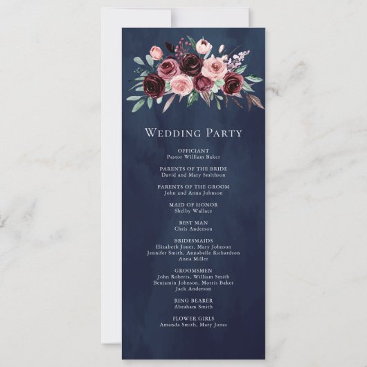 Dusty Pink Burgundy Floral Navy Hochzeitsprogramm (Rückseite)