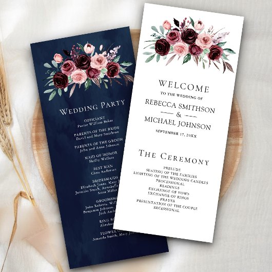 Dusty Pink Burgundy Floral Navy Hochzeitsprogramm