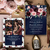Dusty Pink Burgundy Floral QR Code Navy Hochzeit Einladung