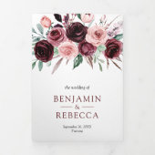 Dusty Pink Burgundy Floral QR Code Wedding Dreifach Gefaltete Einladung (Cover)