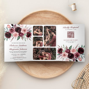 Dusty Pink Burgundy Floral QR Code Wedding Dreifach Gefaltete Einladung