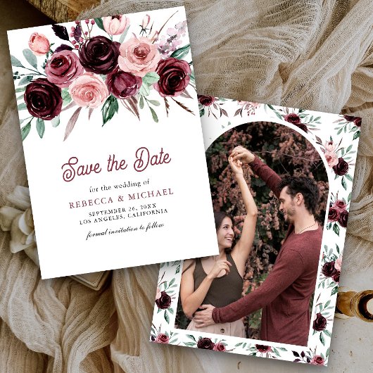 Dusty Pink Burgundy Floral Wedding Save The Date