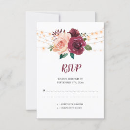 Dusty Pink Burgundy Rose Lights Floral Wedding RSVP Karte