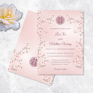 Dusty Pink Cherry Blossom Chinesische Hochzeit Einladung