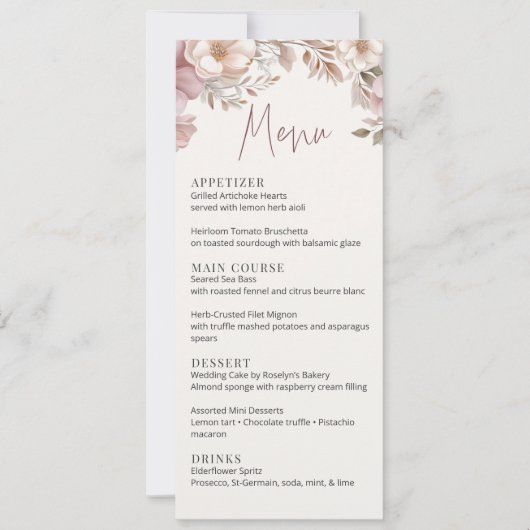 Dusty Pink Cream Magnolia Floral Wedding Menu Card Einladung (Vorderseite)