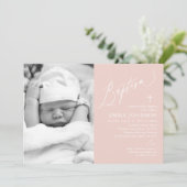 Dusty Pink Cross Girl Foto Taufe Einladung (Stehend Vorderseite)