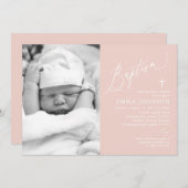 Dusty Pink Cross Girl Foto Taufe Einladung (Vorne/Hinten)