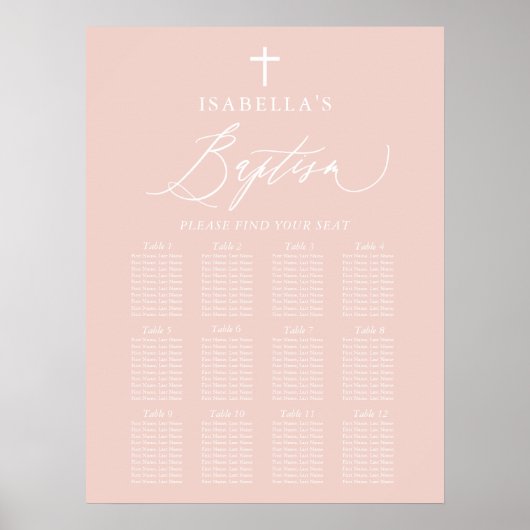 Dusty Pink Cross Girl Taufe Seating Chart Sign Poster (Vorne)
