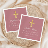 Dusty Pink Cross Religious Girl First Communion Serviette