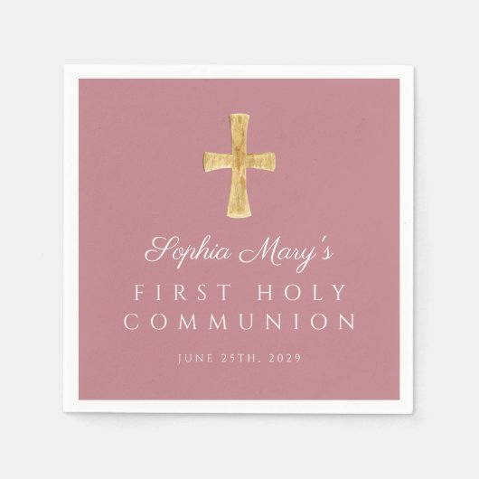 Dusty Pink Cross Religious Girl First Communion Serviette (Vorderseite)