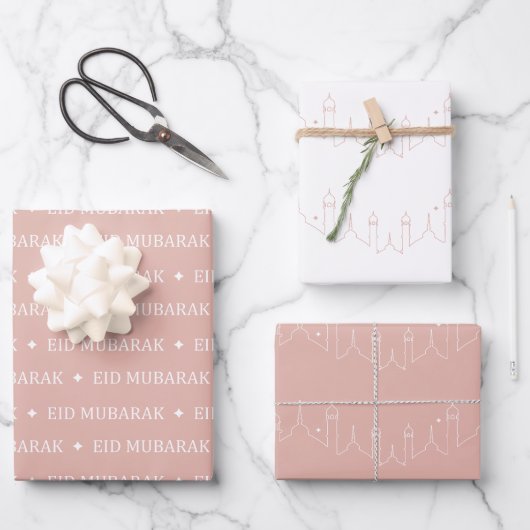 Dusty Pink Eid Mubarak Masjid Muster Design Geschenkpapier Set (Vorderseite)