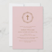 Dusty Pink Elegant Classic Cross Wreath Taufe Einladung (Vorderseite)