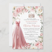 Dusty Pink Elfenbein Blumenkleid Gown Quinceañera Einladung (Vorderseite)
