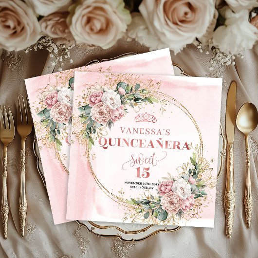 Dusty Pink Eucalyptus Floral Napkin 15th Birthday Serviette