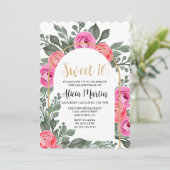 Dusty Pink Flora Greenery Rose Gold Sweet 16 Einladung (Stehend Vorderseite)