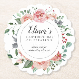 Dusty Pink Floral 100. Geburtstag Vielen Dank Untersetzer