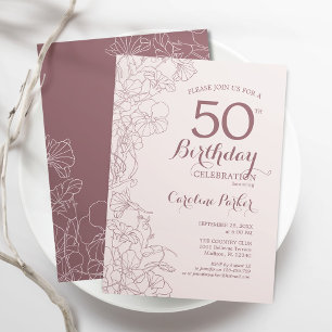 Dusty Pink Floral 50. Geburtstagsparty Einladung
