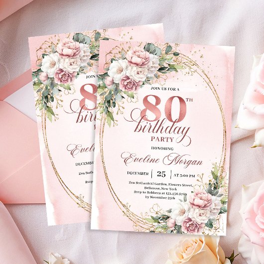 Dusty Pink Floral 80th Birthday Celebration Invite Einladung