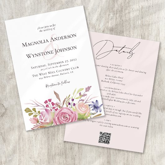 Dusty Pink Floral All in One Wedding Einladung