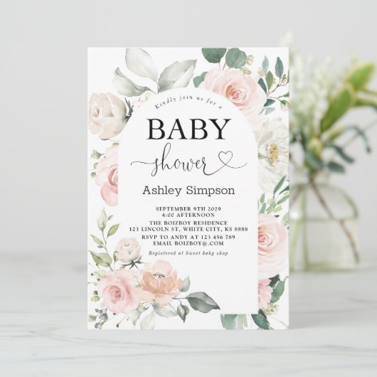 Dusty Pink Floral Baby Dusche Einladung (Stehend Vorderseite)