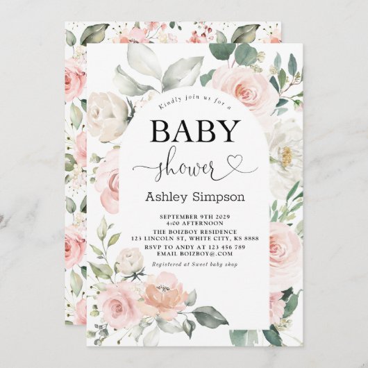 Dusty Pink Floral Baby Dusche Einladung (Vorne/Hinten)