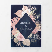 Dusty Pink Floral Boho Arbor Navy QR Code Hochzeit Dreifach Gefaltete Einladung (Cover)