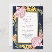 Dusty Pink Floral Boho Palm Navy Brautparty Einladung (Vorderseite)