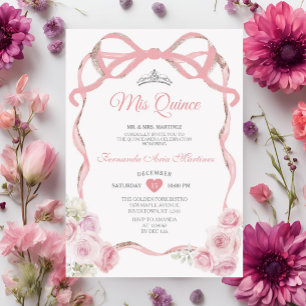 Dusty Pink Floral Bow Ribbon Silver Mis Quince Einladung