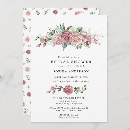 Dusty Pink Floral Bridal Shower Invitation Einladung (Vorne/Hinten)