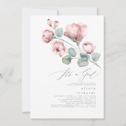 Dusty Pink Floral Elegant Es ist eine Girl Baby Du Einladung (Vorderseite)