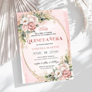 Dusty Pink Floral Eucalyptus Quinceañera Birthday  Einladung